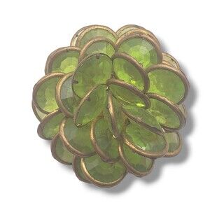 Vintage Austria Layered Green Faceted Petal Flower Prong Set Gold Tone Brooch 3D